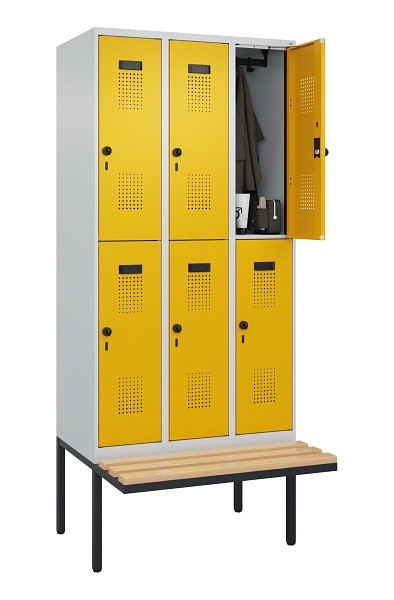 C+P Doppelstock-Spind Evolo PLUS, Bank, 6 Fächer, 2120x900x815mm, 7035/1004, Drehriegel, Sitzfläche Buche-Hartholz, 0493407-30 S10000