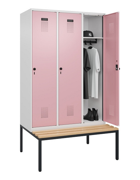 C+P Spind Evolo PLUS, 3 Abteile, 2120x1200x815mm, 9016/3015, Haken 4, Drehriegel, Sitzfläche Buche-Hartholz, Sitzbank, 0490507-32 S10018