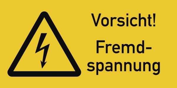 Moedel Vorsicht! Fremdspannung, Kombischild, Folie, 105x52 mm, 99743
