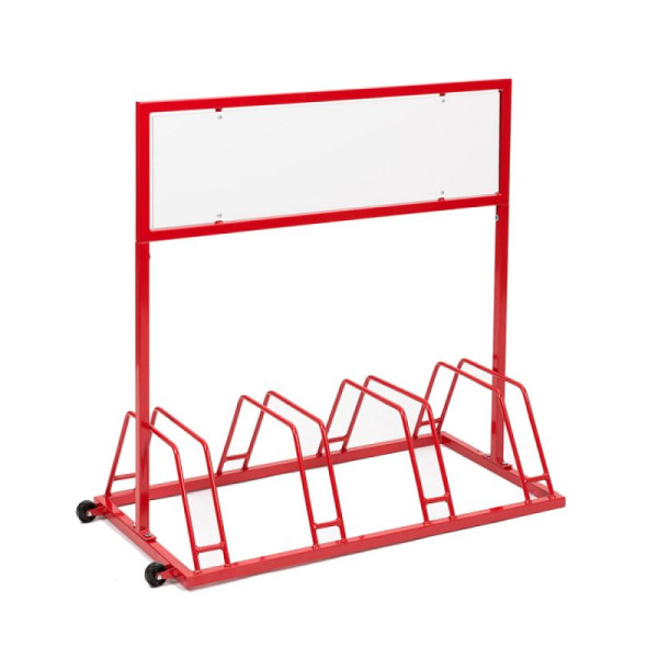 Stein HGS Werbe-Fahrradständer Typ EW 7004 mit Laufrollen, RAL 3000 feuerrot, mit Digitaldruck zweiseitig, mehrfarbig, laminiert, 24656-03