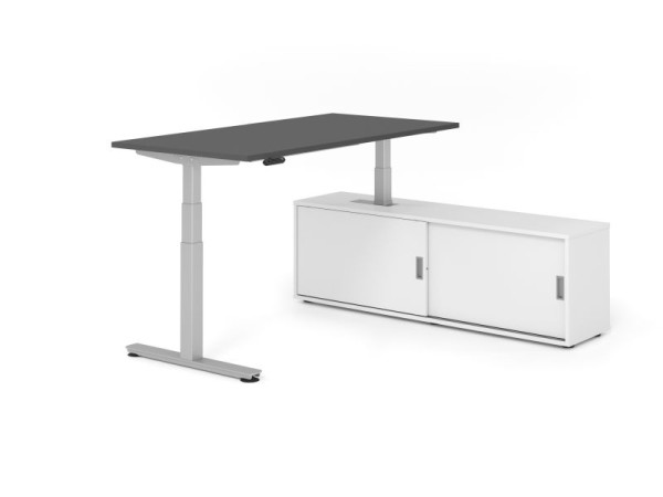 Hammerbacher Schreibtisch XDSM16, 160x80cm, Platte: Graphit, T-Fuß Gestell Silber, Höhe: 63 - 127 cm, Weiß / Weiß, VXDSM16SB/G/S/W/W