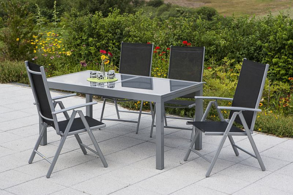 Merxx Amalfi Set 5-teilig, 4 Amalfi Klappsessel, Rückenlehne verstellbar, 1 Ausziehtisch 120 (180) x 90 cm, silber/schwarz, 50349-317