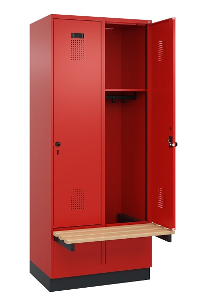 C+P Spind Evolo PLUS, 2 Abteile, 1950x800x815mm, 3020/3020, Drehriegel, Sitzfläche Holz, Sitzbank auskragend Sockel, 049040-22 S10025