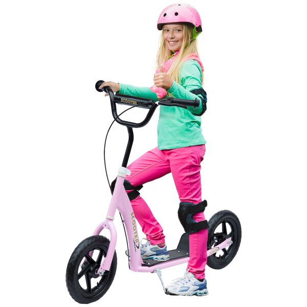 HOMCOM Kinderroller mit Hinterbremse 12 Zoll Scooter Tretroller Roller Cityroller Kinder Kickboard Stahl EVA Rosa 120 x 52 x 80-88 cm, 371-027PK