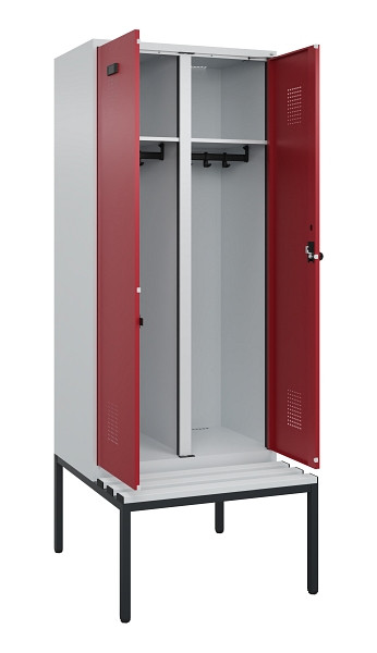 C+P Schwarz-Weiß-Spind Evolo PLUS, Bank, 2 Abteile, 2120x800x815mm, 7035/3003, Drehriegel, Sitzfläche Kunststoff, Sitzbank, 0490527-22 S10058