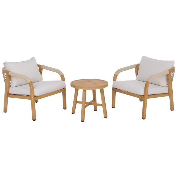 Mendler Aluminium Lounge-Set HWC-P82, Gartengarnitur Balkon-Set Stuhl Tisch, Stoff/Textil (220g/m²), Holz-Optik creme, 120115+120116