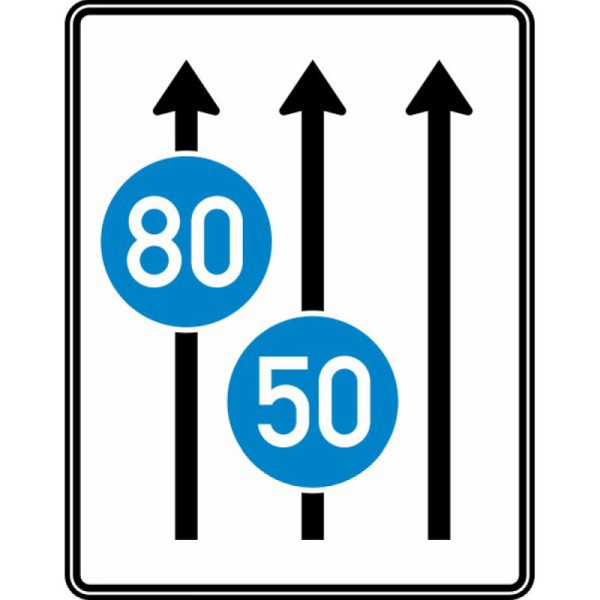 Stein HGS Fahrstreifentafel ohne Gegenverkehr, 3-streifig Fahrtrichtung, mit vorgeschriebene Mindestgeschwindigkeit, 1250x1600mm, RA2, Flachform 3mm, ohne Entfernungsangabe, 525-31-123
