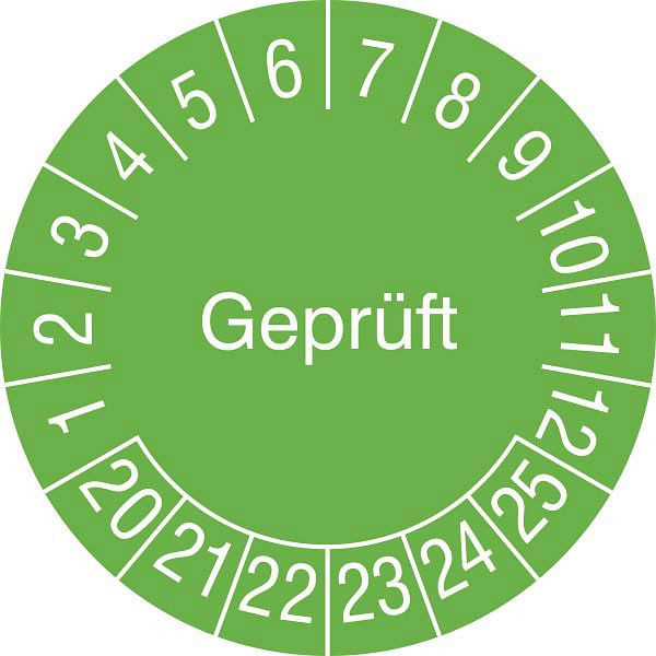 SafetyMarking Prüfplakette, Geprüft, Prüfzeitraum: 20-25, Ø 3 cm, Folie, selbstklebend, VE: 15 Stück/Bogen, 30.3724-20-25