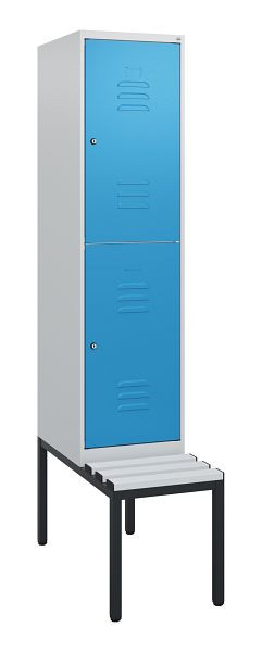 C+P Doppelstöckiger Spind Classic PLUS, 1950x400x815mm, 7035/5012, Zylinderschlösser, mit untergebauter Sitzbank, 0803505-12 S10079