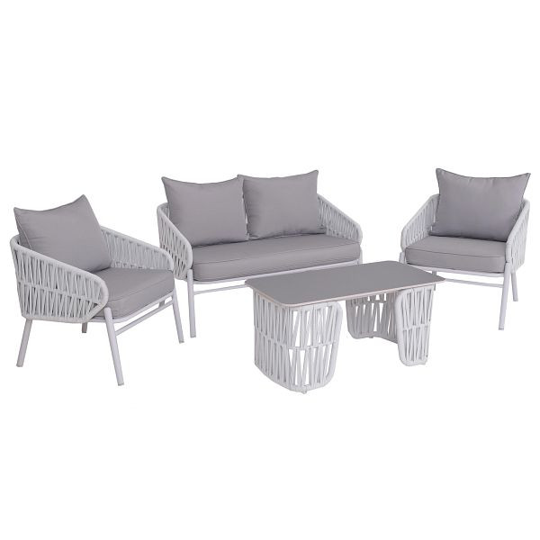 Mendler Gartengarnitur HWC-P90, Lounge-Set Gartenlounge Sofa Sessel Tisch, Seilgeflecht Rope Stoff/Textil (180g/m²), hellgrau, 2x120217+120221+120225