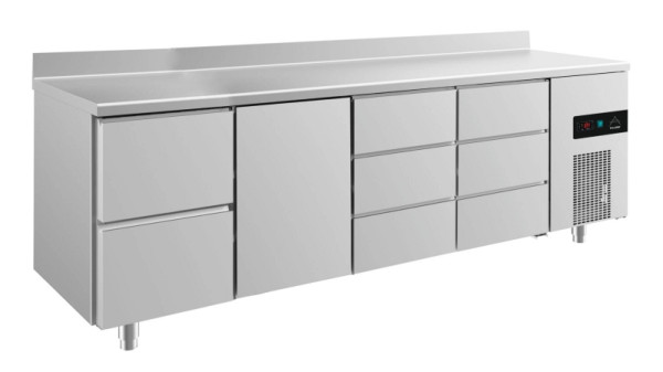 A&S Polarny Kühltisch -2 bis +8°C mit Tür mittig-links, zwei Schubladen links und 2x drei Schubladen, 2330 x 700 x 850 mm, mit Aufkantung, KT4ZTDDA