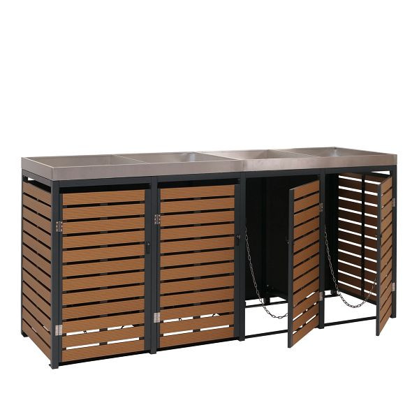 Mendler 4er Mülltonnenverkleidung HWC-K14, Mülltonnenbox mit Pflanzkasten, 124x265x84cm WPC Edelstahl 132kg, Teak-Optik, 87639+87640+87641