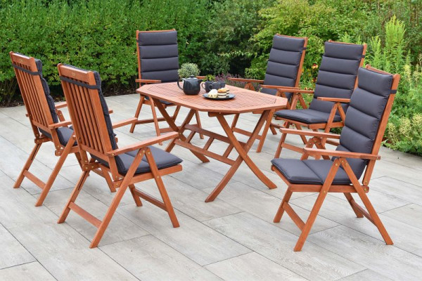 Merxx Vitoria Set 13-teilig, 6 Vitoria Klappsessel, 6 Auflagen grau, mehrfach abgesteppt, 1 Klapptisch 135 x 85 cm, FSC Eukalyptusholz, 50071-800