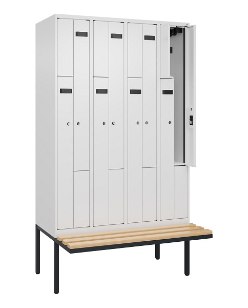 C+P Z-Spind Evolo PLUS, Bank, 8 Fächer, 2120x1200x815mm, 9016/9016, Zylinderschloss, Sitzfläche Holz, 0490437-408 S10047