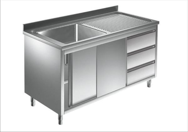 A&S Gastro Spülschrank mit Schubladenblock, 1 Becken links, Bautiefe 600 mm, 160x600x850 mm, SPSCH1661BL-S