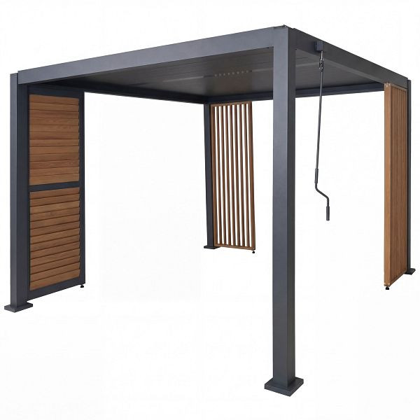 Mendler Pergola HWC-P65 mit 1x Lamellenwand und 2x Seitenwand, Lamellen-Pavillon, 10cm-Alu-Gestell 3x3m, anthrazit, 119510+119511+119512+119520+2x119522