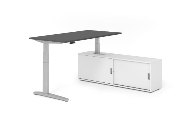 Hammerbacher Schreibtisch XBHM16, 160x80cm, Platte: Graphit, 25mm dick, C-Fuß Gestell Silber, Höhe: 65 - 129 cm, Weiß / Weiß, VXBHM16SB/G/S/W/W