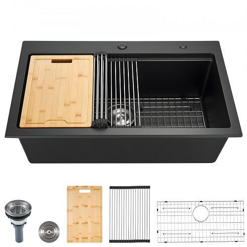 VEVOR Küchenspüle Granit (84x56x25 cm) zur Aufputzmontage, Landhausstil mit Zubehör, für Wohnmobile/Küchen/Bars, schwarz, HGYCFSCTSPDCGKNV4001V0