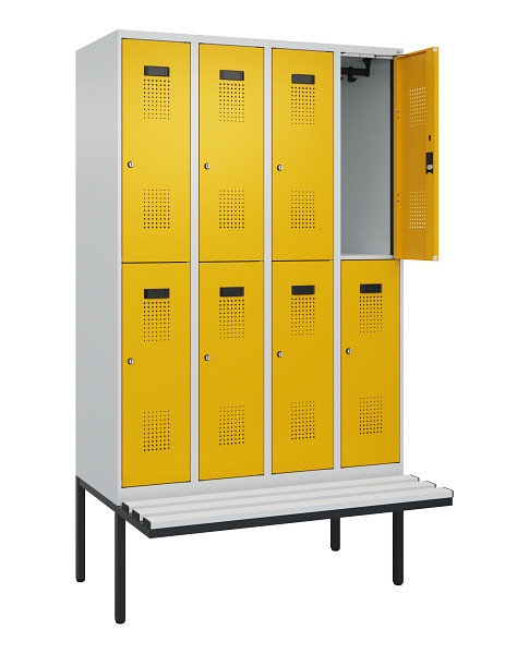 C+P Doppelstock-Spind Evolo PLUS, Bank, 8 Fächer, 2120x1200x815mm, 7035/1004, Zylinderschloss, Sitzfläche Kunststoff, 0493407-40 S10108