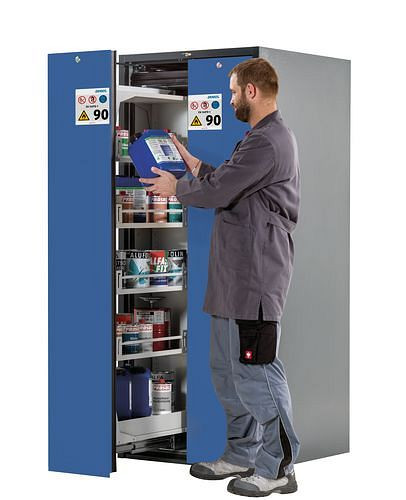 asecos Wide-Scoper, Feuerbeständiger Gefahrstoffschrank 81-10, 2 Vertikalauszüge, 10 Fachböden, blau, 245547