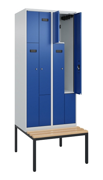 C+P Z-Spind Evolo PLUS, Bank, 4 Fächer, 2120x800x815mm, 7035/5010, Zylinderschloss, Sitzfläche Buche-Hartholz, Sitzbank, 0490537-224 S10037
