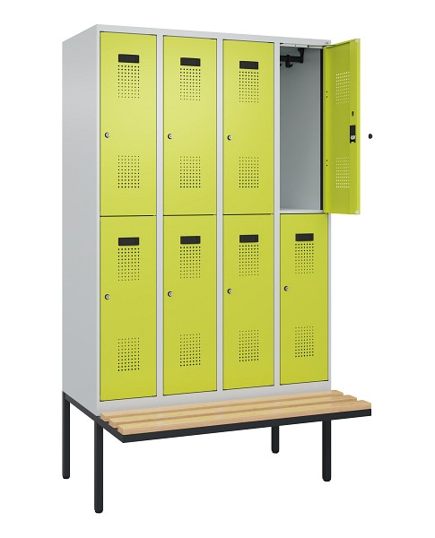 C+P Doppelstock-Spind Evolo PLUS, Bank, 8 Fächer, 2120x1200x815mm, 7035/0024, Zylinderschloss, Sitzfläche Buche-Hartholz, 0493407-40 S10042