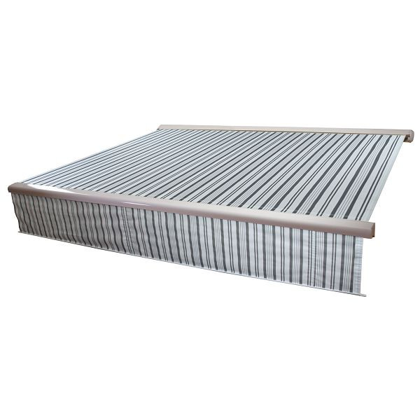 Mendler Elektrische Vollkassetten-Markise T124, 5x3m ausfahrbarer Volant, Polyester Grau/Weiß, 37873+34295+35606