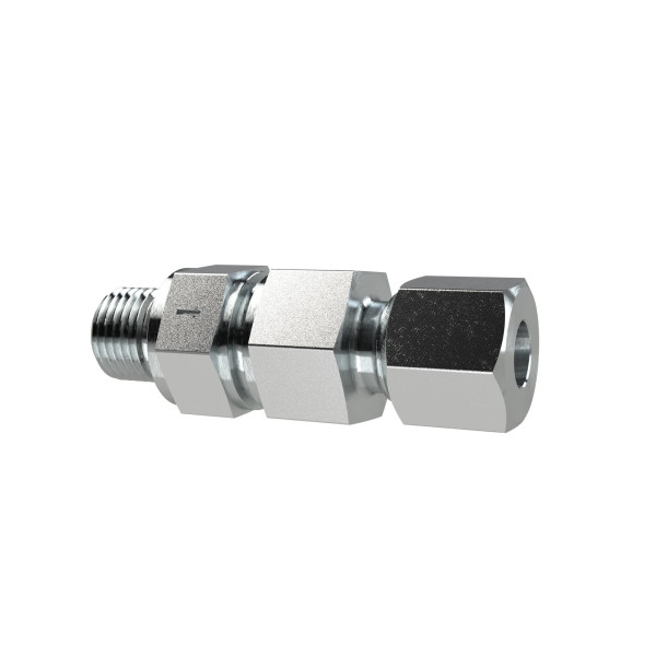 Riegler Rückschlagventil, G1/4 a, Gewinde-Schneidring, Rohr-A-Ø6, PN max. 400, SW1 17, SW2 19, SW3 19, Stahl verzinkt,ÖD0,8-1,2bar, 159474, 4047322641043