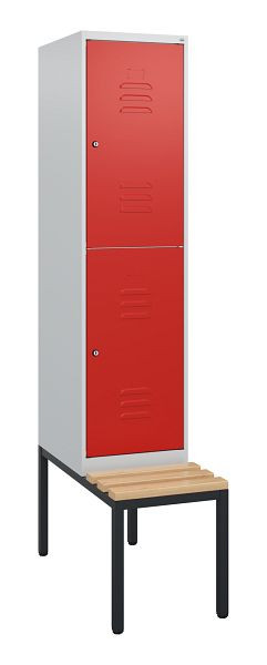 C+P Doppelstöckiger Spind Classic PLUS, 1950x400x815mm, 7035/3020, Zylinderschlösser, Sitzleisten aus Buche, mit untergebauter Sitzbank, 0803505-12 S10032