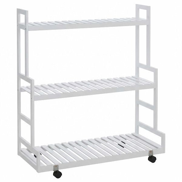 Mendler Bambus Pflanzenregal HWC-Q33, Blumentreppe Blumenständer Pflanzentreppe, 3 Ablagen Rollen 105x90x38cm, weiß, 121374