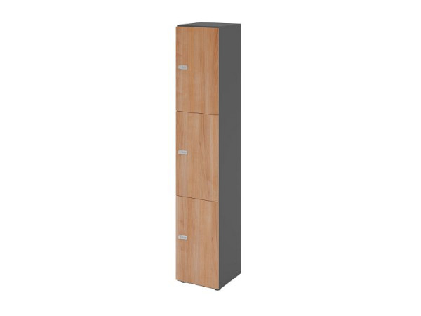 Hammerbacher Schließfachschrank schmal 6OH, 3 Türen, Korpus: Graphit, Türen: Nuss, 40 x 40 x 215,6 cm (BxTxH), Zahlenschloss, V264L3/G/N/ZS
