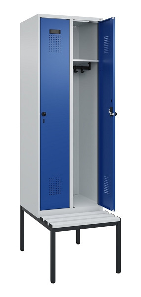 C+P Spind Evolo PLUS, 2 Abteil, 2120x600x815mm, 7035/5010, Drehriegel, Sitzfläche Kunststoff, Sitzbank, 0490507-20 S10060