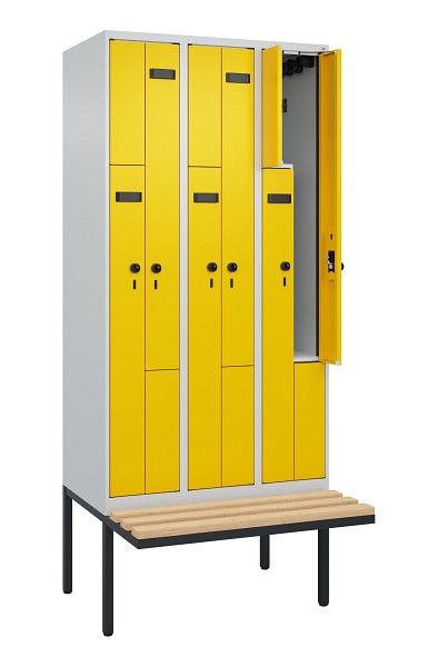 C+P Z-Spind Evolo PLUS, Bank, 6 Fächer, 2120x900x815mm, 7035/1023, Drehriegel, Sitzfläche Holz, 0490437-306 S10003