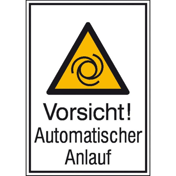 Stein HGS Kombischild mit Warnzeichen und Zusatztext, Vorsicht! Automatischer Anlauf, 131 x 185 mm / Alu, geprägt, 11.0455