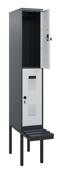 C+P Doppelstock-Spind Evolo PLUS, Bank, 2 Fächer, 1950x300x815mm, 7016/7035, Drehriegel, Sitzfläche Kunststoff, 0493405-10 S10114