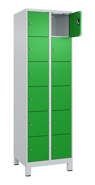 C+P Schließfachschrank Evolo PLUS, mit Füßen, 12 Fächer, 1950x600x500mm, 7035/6, Frontfarbe RAL 6037 Reingrün, 049010-206 S10011