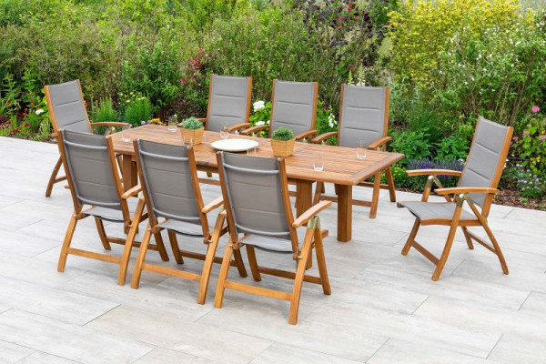 Merxx Acapulco Set 9-teilig, 8 Acapulco Klappsessel, gepadded, 1 Doppelausziehtisch, 180 (220/260) x 100 cm, 50121-309