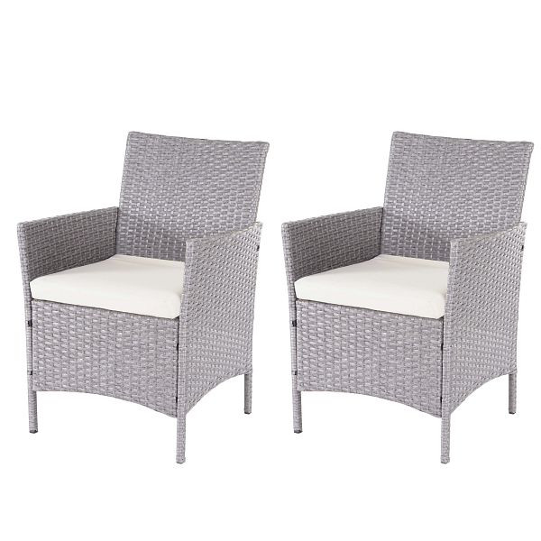 Mendler 2er-Set Poly-Rattan Gartensessel Halden, Korbsessel, grau, Kissen creme, 64303
