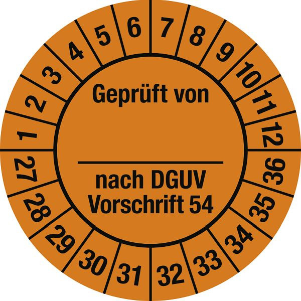 Moedel Prüfplakette Geprüft...DGUV Vorschrift 54, 2027-2036, Folie, Ø 30 mm, VE: 10 Stück/Bogen, 108291