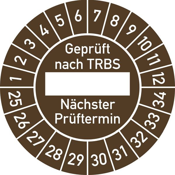 Moedel Prüfplakette Geprüft nach TRBS...2025 - 2034, Folie, Ø 30 mm, VE: 10 Stück/Bogen, 106434
