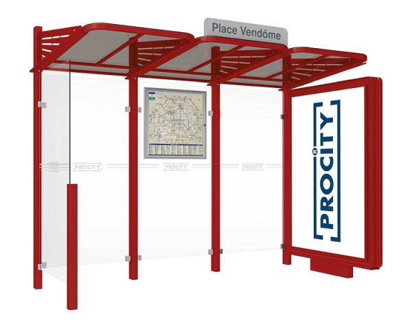 Procity Wartehalle Convi® - Standard - 1 Beleuchteter Caisson Rechts + 1 Seitenverkleidung Links, Farbe RAL 3004, 529366.3004