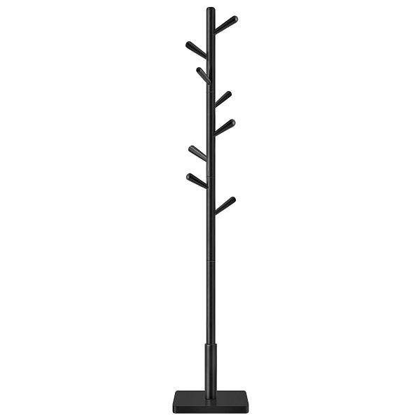 VASAGLE Garderobenhalter, massiver Holz-Garderobenstand, freistehender Flur-Mantelbaum mit 8 Haken, Gummiholzhaken und -stange, Schwarze, RCR010B01