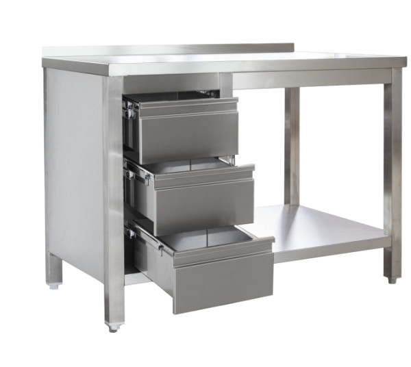 A&S Gastro Edelstahl Arbeitstisch mit Aufkantung, Schubladenblock links Bautiefe 800mm, mit Grundboden, AISI 304, 900 x 800 x 850 mm, ARTGASL098