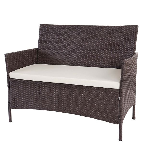 Mendler Poly-Rattan Gartenbank Halden, Sitzbank Bank, braun-meliert, Kissen creme, 52037