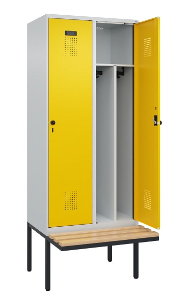 C+P Spind Evolo PLUS, 2 Abteile, 2120x800x815mm, 7035/1023, Haken 4, Drehriegel, Sitzfläche Holz, Trennwand, 0490407-22F S10001
