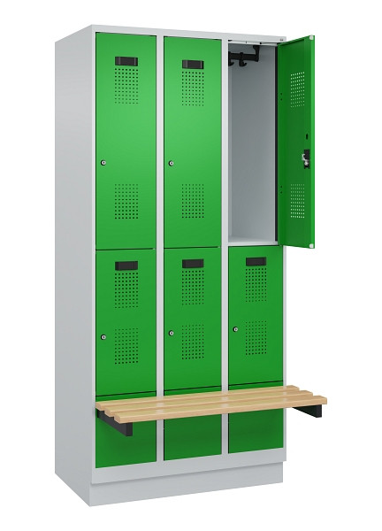 C+P Doppelstock-Spind Evolo PLUS, Bank, 6 Fächer, 1950x900x815mm, 7035/6037, Zylinderschloss, Sitzfläche Buche-Hartholz, mit Sockel, 049340-30 S10038