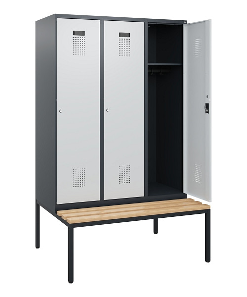 C+P Spind Evolo PLUS, 3 Abteile, 1950x1200x815mm, 7016/7035, Zylinderschloss, Sitzfläche Buche-Hartholz, Sitzbank, 0490505-32 S10044
