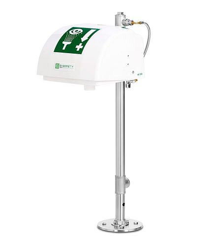 B-SAFETY Augendusche mit Auffangbecken und Abdeckung, Standrohr Edelstahl, Bodenmontage, BR 852095, DVGW, 305255