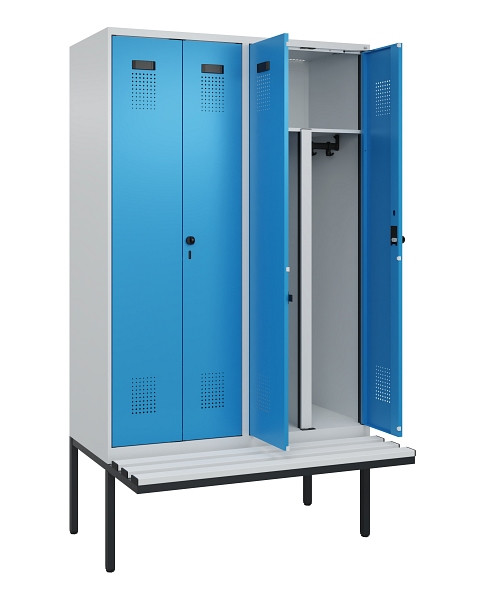 C+P PSA Doppel-Spind Evolo PLUS, Bank, 4 Abteile, 2120x1200x815mm, 7035/5012, Drehriegel, Material Sitzfläche Kunststoff, 0490427-40P S10061