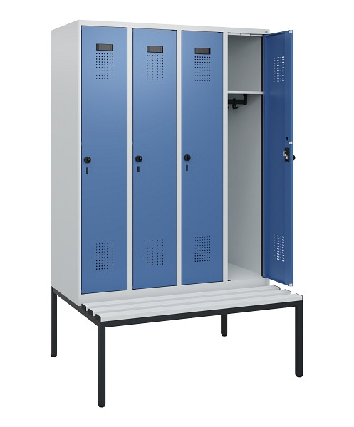 C+P Spind Evolo PLUS, 4 Abteile, 1950x1200x815mm, 7035/5023, Drehriegel, Sitzfläche Kunststoff, Sitzbank, 0490505-40 S10062